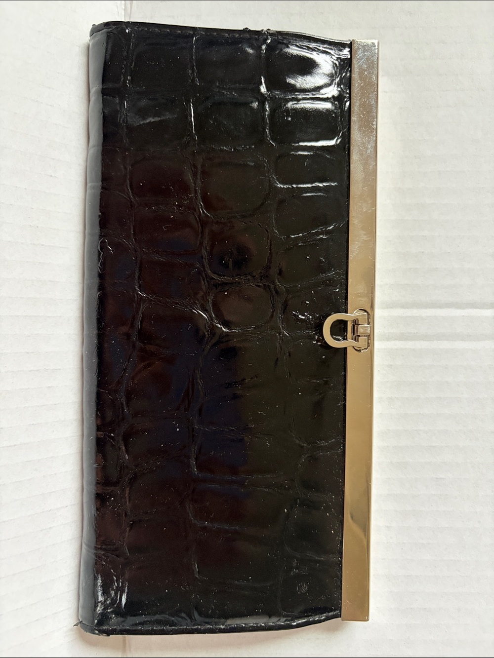Black Croc-Embossed Faux Leather Wallet with Gold Trimmed